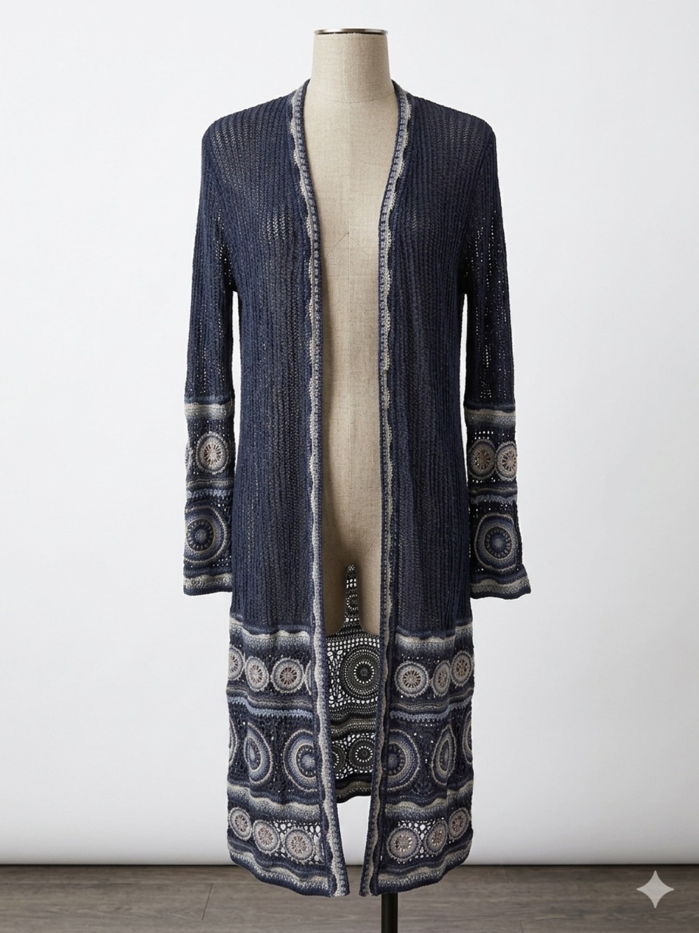 Peruvian Connection Blue Pima Cotton Crochet Duster Cardigan Sweater Duster S
